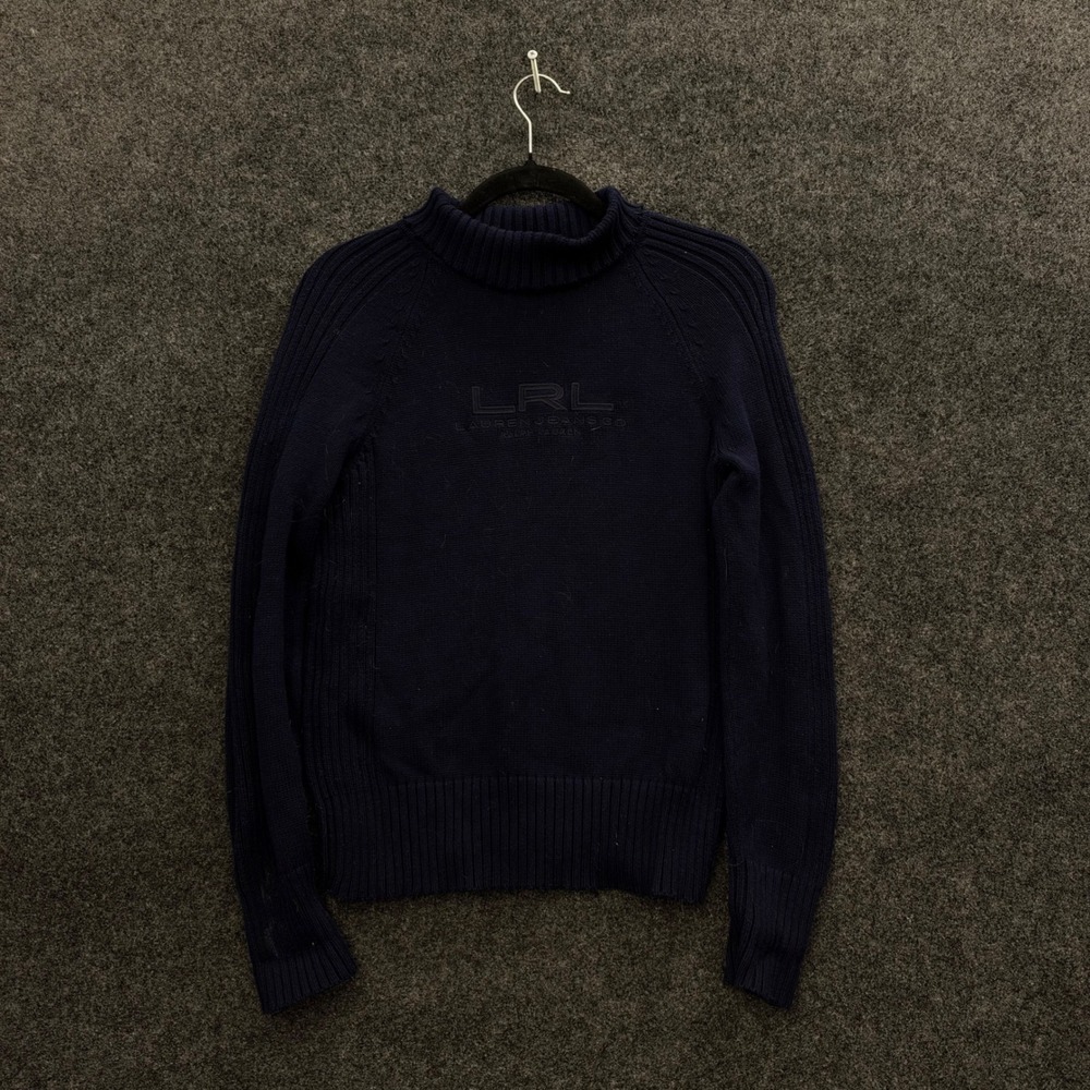 Vintage Lauren Ralph Lauren Navy Blue Mock Neck Embroidered Logo Cotton Sweater
